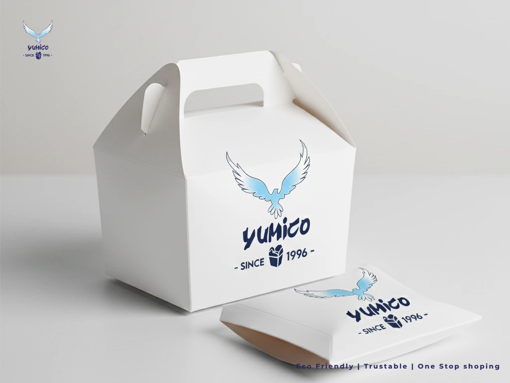Printed paper packaging custom dengan desain logo Yumico eco friendly sejak 1996