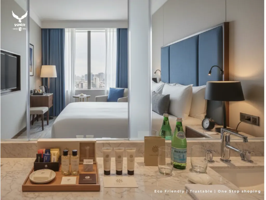 Amenities hotel premium dari Yumico di kamar hotel bintang lima — contoh produk supplier perlengkapan hotel Bali untuk Marriot dan The Westin