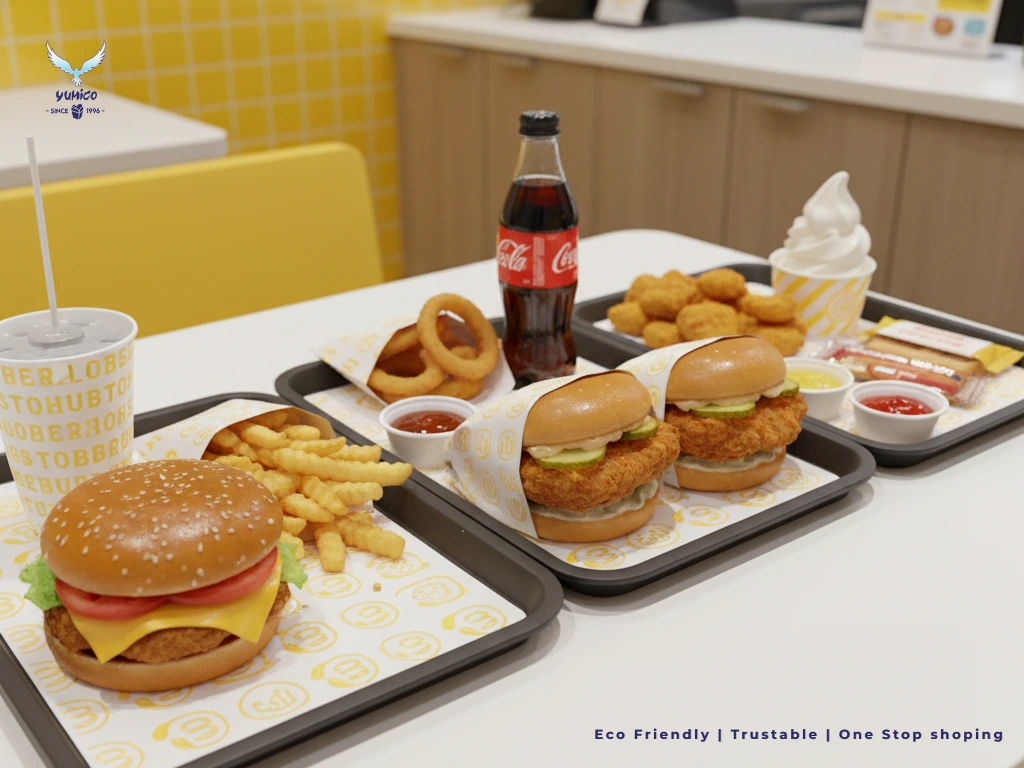 sustainable food tray paper ramah lingkungan untuk burger, kentang goreng, onion rings, dan nugget di restoran cepat saji Yumico Bali