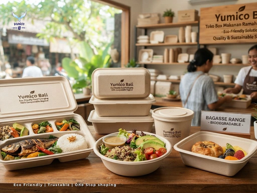 Toko box makanan terdekat menyediakan kemasan bagasse F&B ramah lingkungan dari Yumico Bali